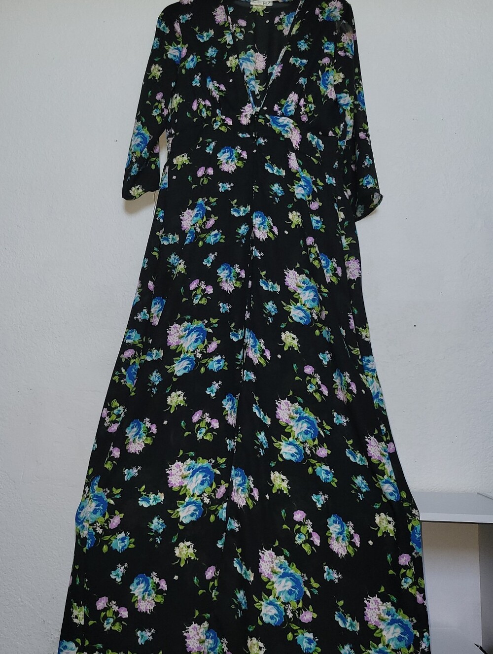 Floral Button Front Maxi Dress Coat Duster - Black with Blue & Purple Flowers